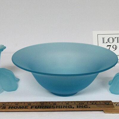 Blue Satin Glass Westmoreland Lotus Pair Candlesticks and Bowl, Unmarked