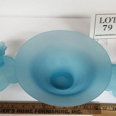 Blue Satin Glass Westmoreland Lotus Pair Candlesticks and Bowl, Unmarked