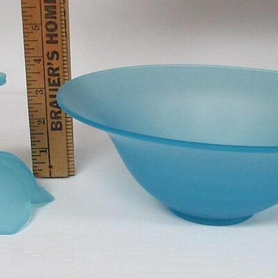 Blue Satin Glass Westmoreland Lotus Pair Candlesticks and Bowl, Unmarked