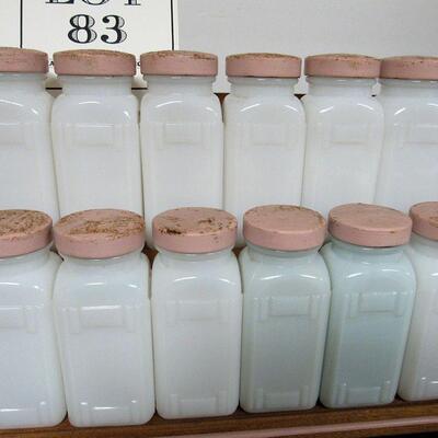Large Art Deco Milk Glass Spice Jar Set on Wood Rack