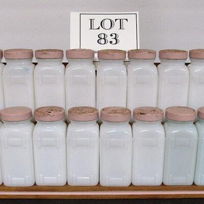 Large Art Deco Milk Glass Spice Jar Set on Wood Rack