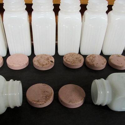 Large Art Deco Milk Glass Spice Jar Set on Wood Rack