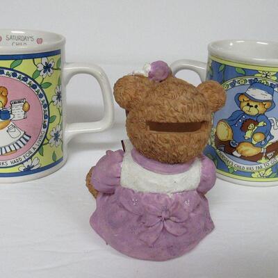 Enesco Lucy and Me Mugs 1986, and Unmarked Bear Resin Bank
