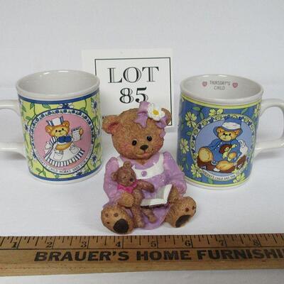 Enesco Lucy and Me Mugs 1986, and Unmarked Bear Resin Bank