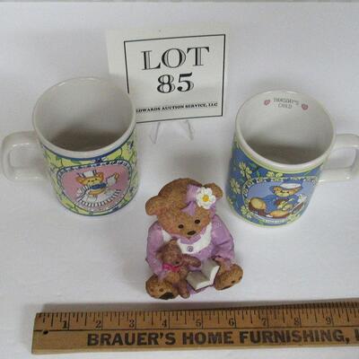Enesco Lucy and Me Mugs 1986, and Unmarked Bear Resin Bank