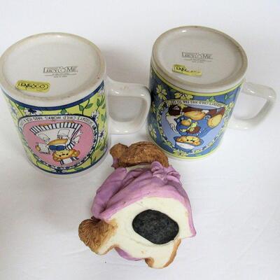 Enesco Lucy and Me Mugs 1986, and Unmarked Bear Resin Bank