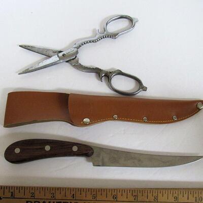 Vintage Kitchen Shears Bottle Opener, and Knife in Sheath, Interpur, Made in Japan