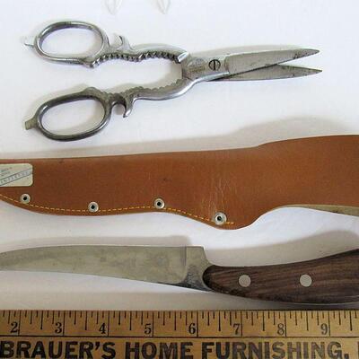 Vintage Kitchen Shears Bottle Opener, and Knife in Sheath, Interpur, Made in Japan