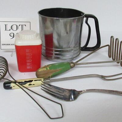 Vintage Flour Sifter, Plastic Pepper Shaker and Utensils