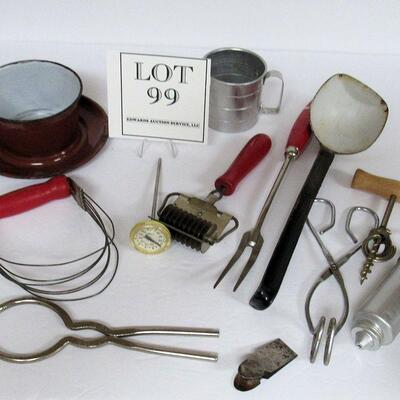 Old Kitchen Utensils, Aluminum Measuring Cup, Enamelware Ladel and Bowl, Thermometer, Utensils