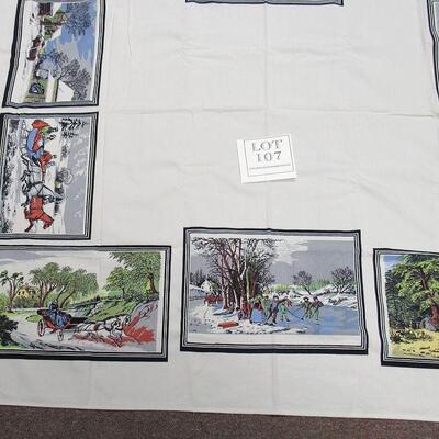 Large Vintage Tablecloth, About 68", Old Winter Country Scenes