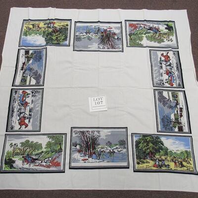 Large Vintage Tablecloth, About 68", Old Winter Country Scenes