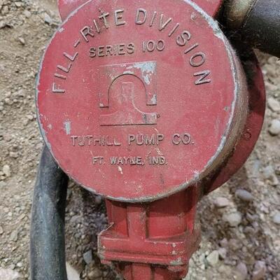 Lot 321: Vintage Farm Hand Crank FILL RITE Series 100 Pump w/ Original Hose Remnant