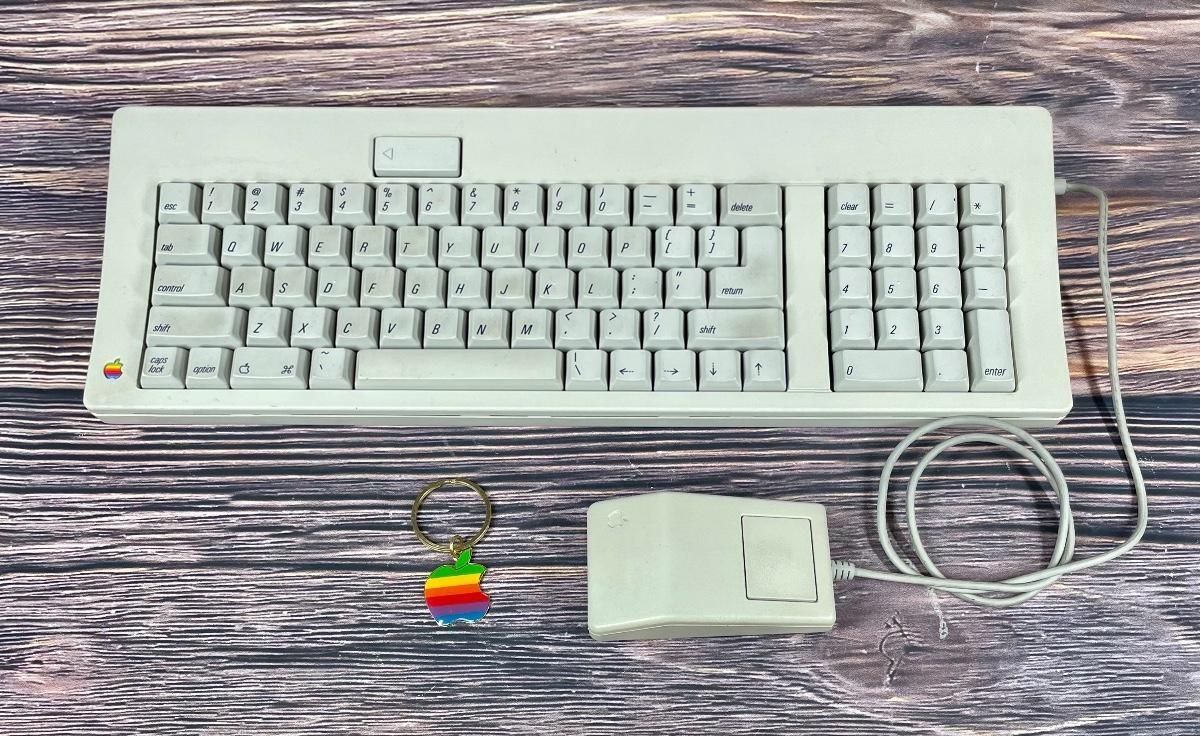 Vintage Apple Computer Keyboard, Mouse and Rainbow Keychain