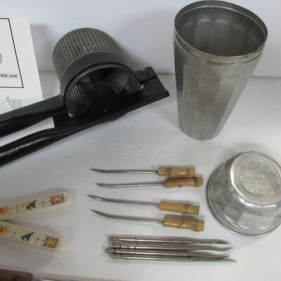 Vintage Kitchen Items, Ricer, Thompsons Malted Milk Shaker, Nut Picks, Fondue Forks