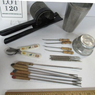 Vintage Kitchen Items, Ricer, Thompsons Malted Milk Shaker, Nut Picks, Fondue Forks