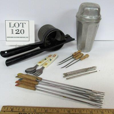 Vintage Kitchen Items, Ricer, Thompsons Malted Milk Shaker, Nut Picks, Fondue Forks