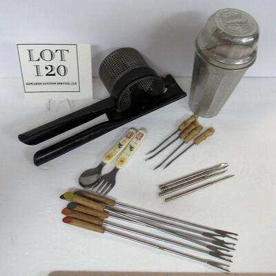 Vintage Kitchen Items, Ricer, Thompsons Malted Milk Shaker, Nut Picks, Fondue Forks