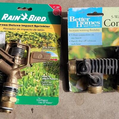 Lot 350: Gardening Lot - Hand Tools, Kneeling Pad, Rain Bird Metal Sprinkler and 5 Way Faucet Connection