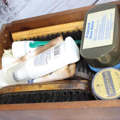 Vintage Wooden Shoe Shine Kit with Brushes, Polishes, Cloths & More