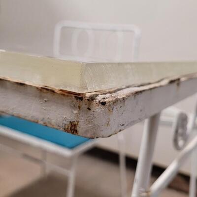 Lot 367: Vintage Thick Glass Top Metal Table and (4) Chairs