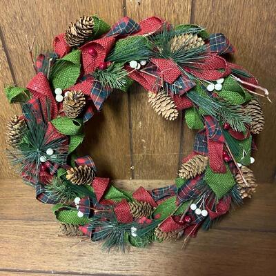 Lot 324: New Burlap/Evergreen Wreath and Santa Candlesticks(lot 2 of 2)