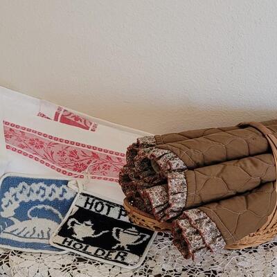 Lot 378: Vintage New Hot Pads, Tablecloth (had some color bleeding), Placemats and Basket