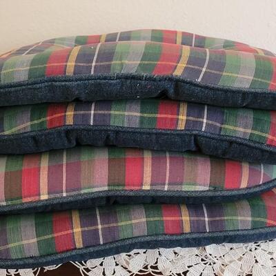 Lot 381: Vintage Plaid & Denim Seat Cushions  (2 are slightly faded)