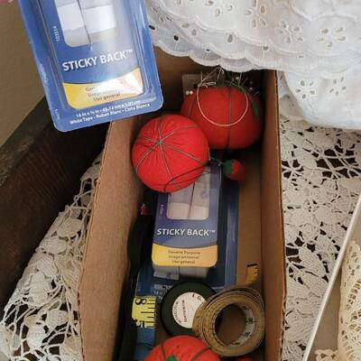 Lot 383: Fabric including Vintage Quilting Squares, Handmade Trim, Sewing Essentials