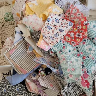 Lot 383: Fabric including Vintage Quilting Squares, Handmade Trim, Sewing Essentials