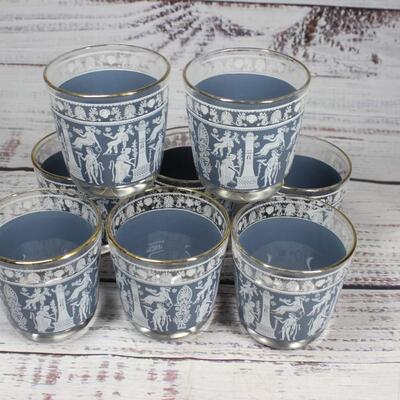 Vintage Set of 8 Jeanette Wedgwood Blue Jasper Pattern Drink Rocks Glasses Tumblers