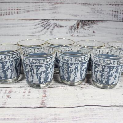 Vintage Set of 8 Jeanette Wedgwood Blue Jasper Pattern Drink Rocks Glasses Tumblers