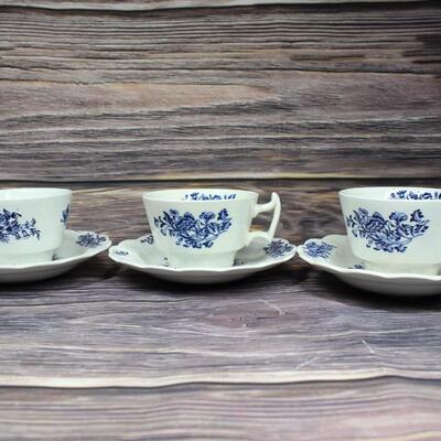 Set of 3 Booths Peony White & Blue Teacup and Saucer Sets