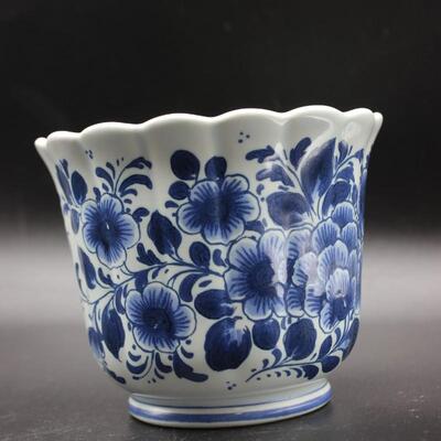 Vintage Ceramic Blue and White Delft Scallop Edge Planter Pot Made in Holland