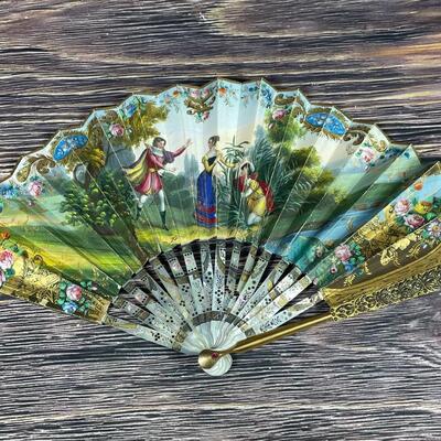 Antique Ornate Carved Mother of Pearl Hand Fan French Knights Scenery Double Sided Gold Gilt