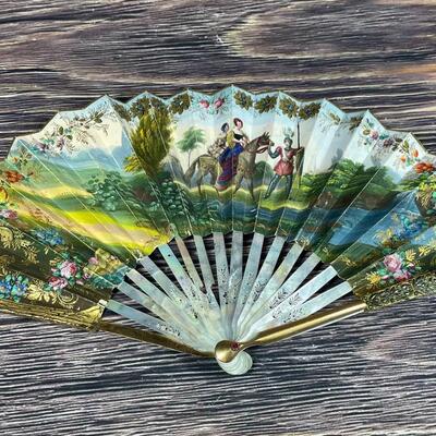 Antique Ornate Carved Mother of Pearl Hand Fan French Knights Scenery Double Sided Gold Gilt