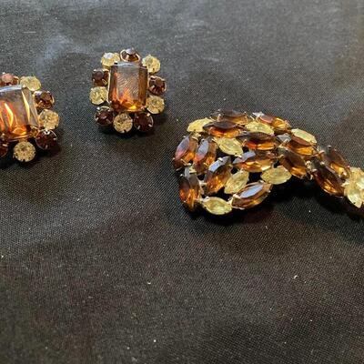 Amber Costume Brooch and Earrings Set