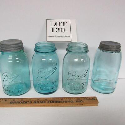 Vintage Aqua Canning Jars, 3 Perfect Masons All Different in Some Way, And 1 Unmarked