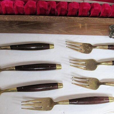 Vintage Brass (?) and Wood Cake and Ice Cream Flatware Set, Julies Gems Factory, Bankok Thailand