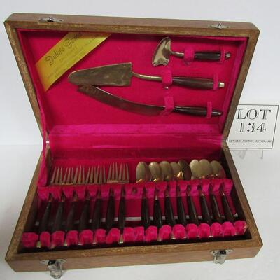 Vintage Brass (?) and Wood Cake and Ice Cream Flatware Set, Julies Gems Factory, Bankok Thailand