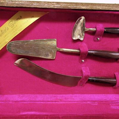 Vintage Brass (?) and Wood Cake and Ice Cream Flatware Set, Julies Gems Factory, Bankok Thailand