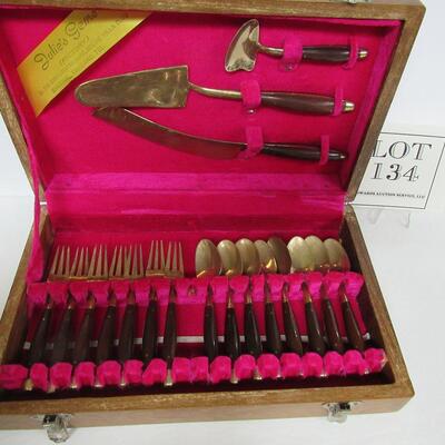Vintage Brass (?) and Wood Cake and Ice Cream Flatware Set, Julies Gems Factory, Bankok Thailand