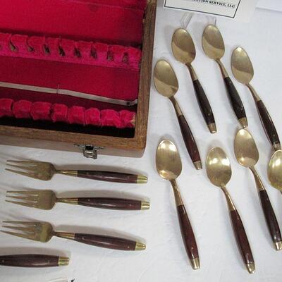 Vintage Brass (?) and Wood Cake and Ice Cream Flatware Set, Julies Gems Factory, Bankok Thailand