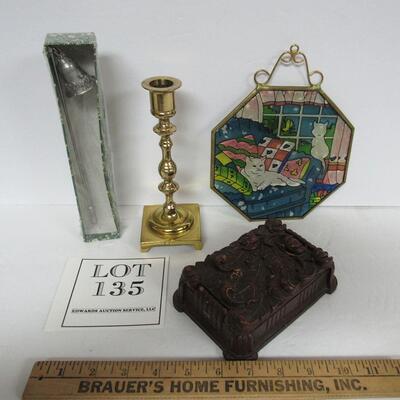 Misc Decorative Lot: Pewter Candle Snuffer Unused, Brass Candlestick, Window Decor, Old Syroco Wood Cig Box