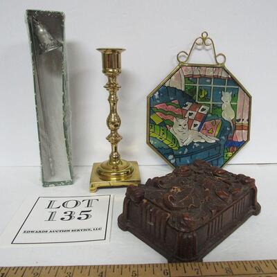 Misc Decorative Lot: Pewter Candle Snuffer Unused, Brass Candlestick, Window Decor, Old Syroco Wood Cig Box