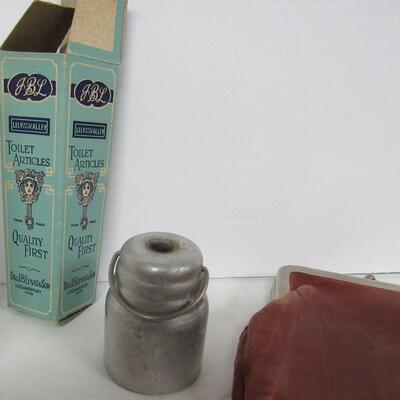 Junk Drawer Lot: Advertising Box and Pencil, Copper Ashtrays and Teepee, Wood Necklace, Viewer Part, More