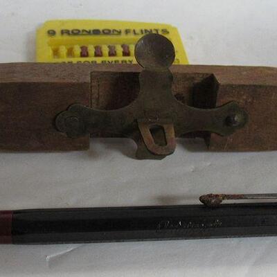 Junk Drawer Lot: Advertising Box and Pencil, Copper Ashtrays and Teepee, Wood Necklace, Viewer Part, More