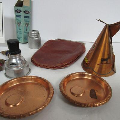 Junk Drawer Lot: Advertising Box and Pencil, Copper Ashtrays and Teepee, Wood Necklace, Viewer Part, More
