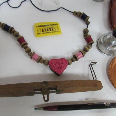 Junk Drawer Lot: Advertising Box and Pencil, Copper Ashtrays and Teepee, Wood Necklace, Viewer Part, More