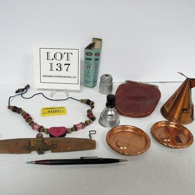 Junk Drawer Lot: Advertising Box and Pencil, Copper Ashtrays and Teepee, Wood Necklace, Viewer Part, More